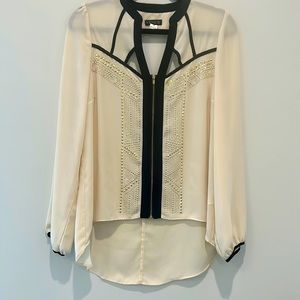 Venus Cream with Stappy Black Trim Embellished Gold open back Blouse Size M